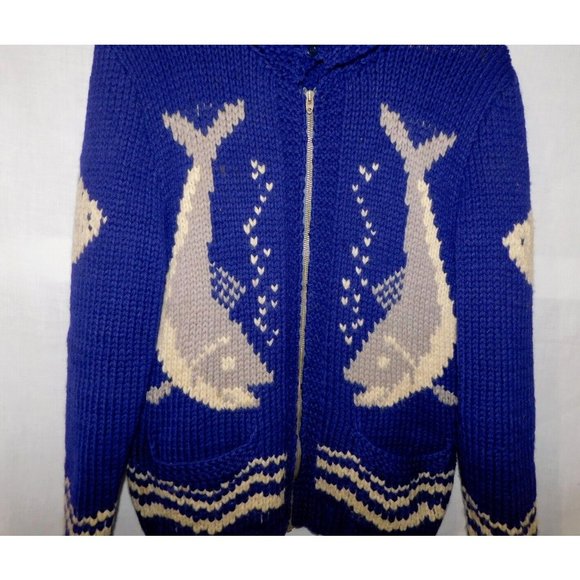 Vintage 50s 60s Cowichan cardigan Blue Whale Fish Wool Full Zip Sweater Jacket M - Picture 4 of 11